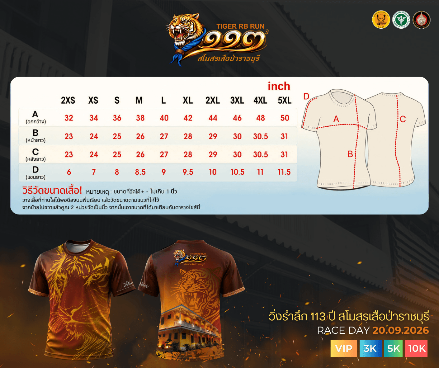 ขนาดเสื้อวิ่ง 113 ปี สโมสรเสือป่าราชบุรี